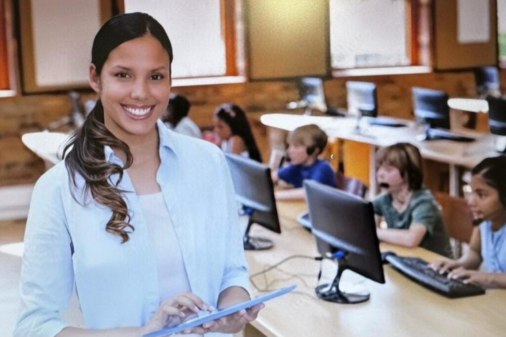 Instructor teaching computer basics to students in a classroom at LCC Nilambur.