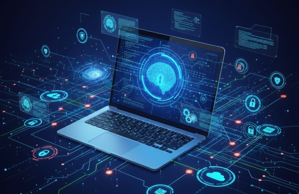 Laptop with digital hologram interface showing artificial intelligence and cybersecurity icons.
