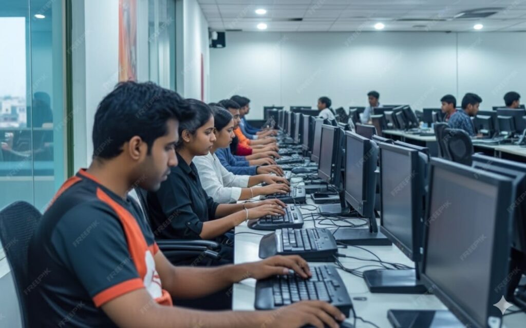 Students working on computers during a practical IT training class at LCC Nilambur.