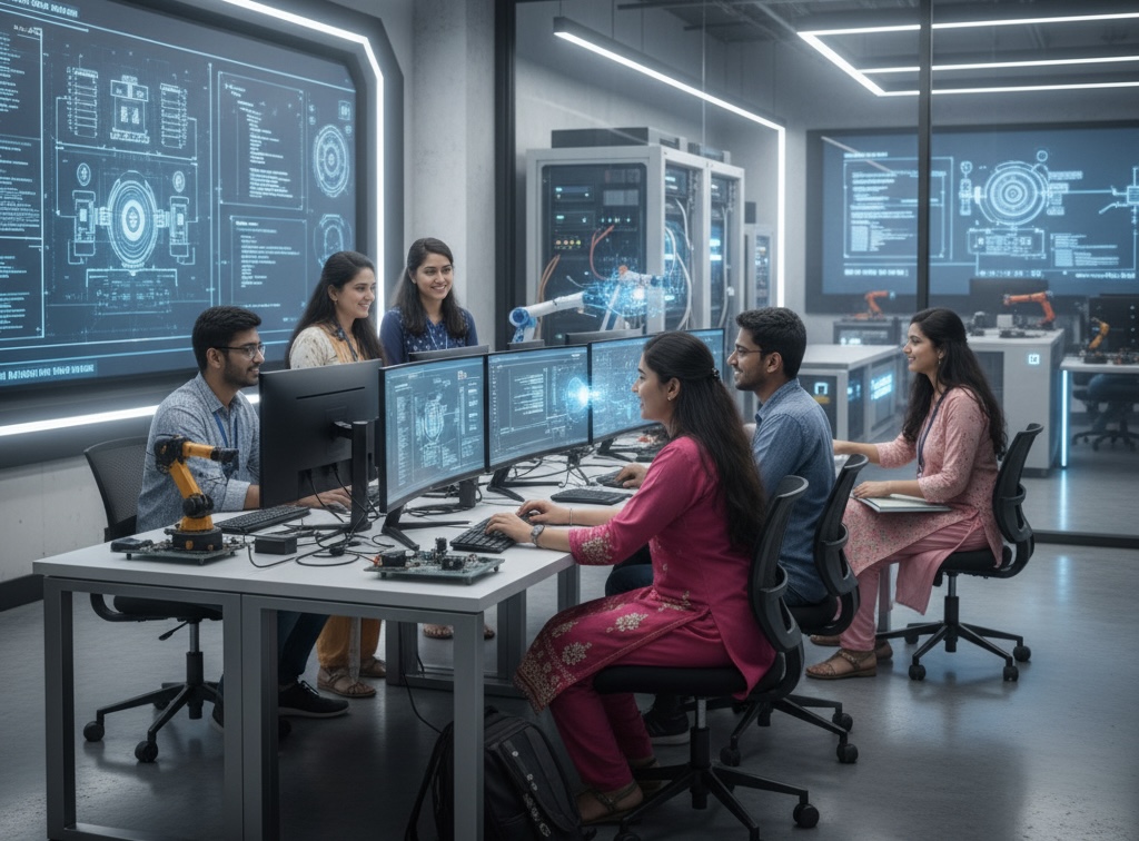 Students participating in an Artificial Intelligence and Cybersecurity lab session with multiple computer monitors and digital interfaces at LCC Nilambur.